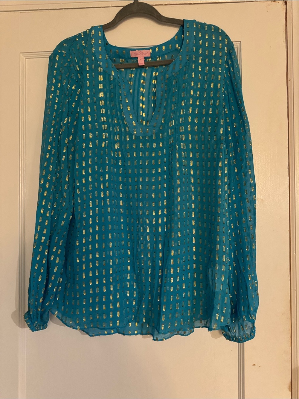Lilly Pulitzer Teal Blouse with Gold Foil Squares